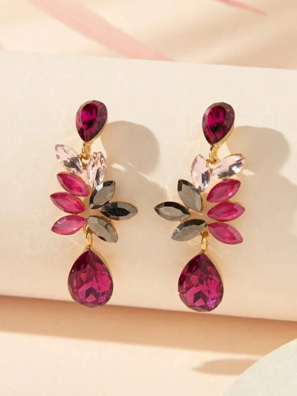 Elegant Pink Teardrop Crystal Leaf Earrings